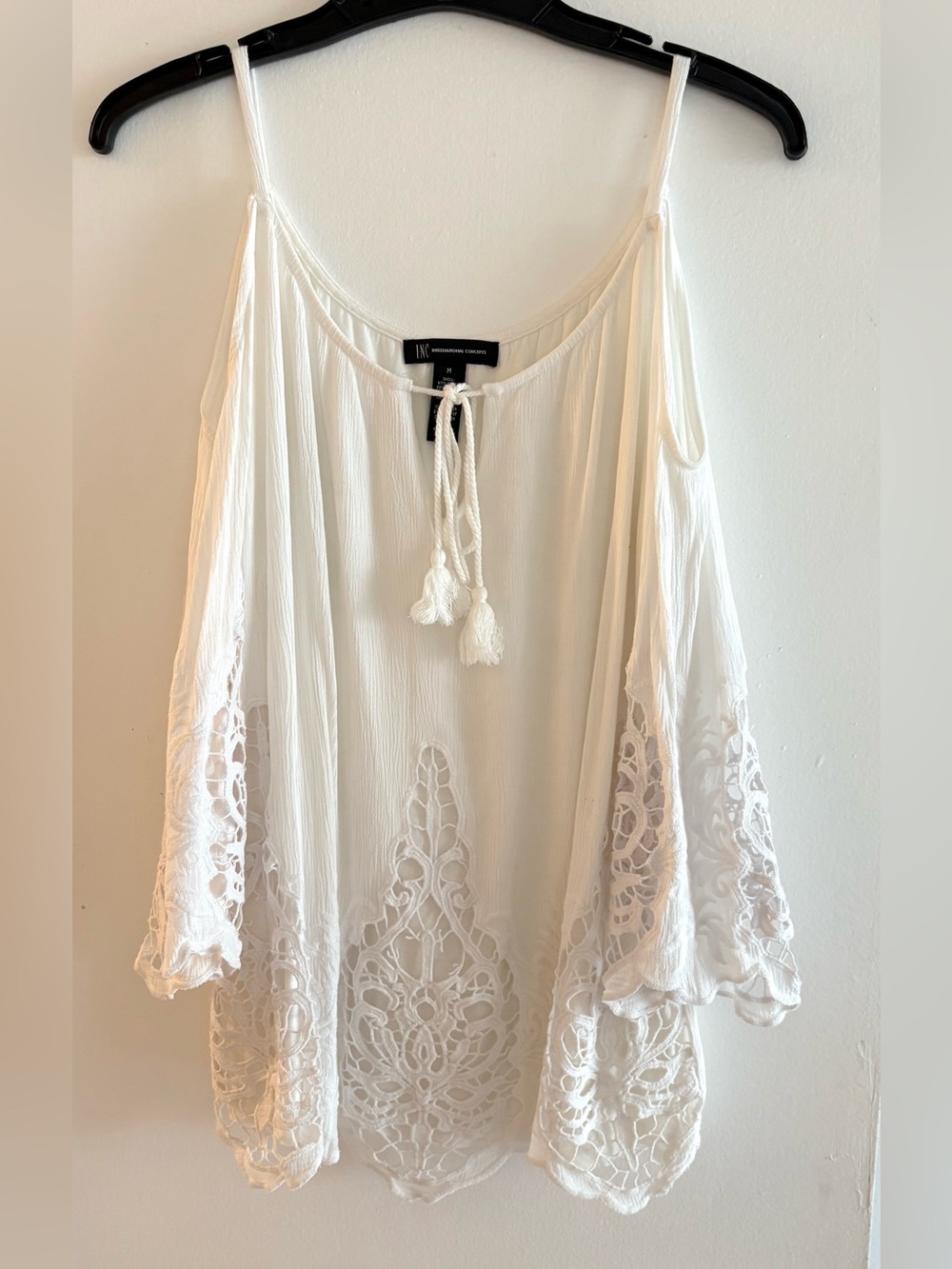INC White Boho Cold-Shoulder Crochet Top